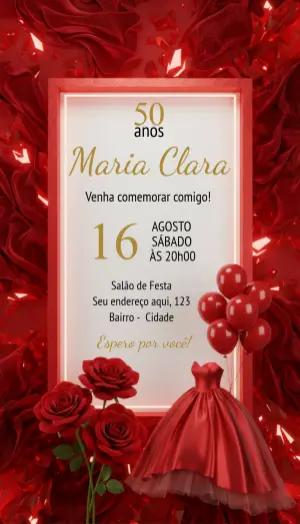 Convite Aniversário 50 Anos Vermelho e Dourado Elegante Editável