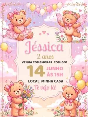 Convite de Aniversário Ursinha Rosa Fofa para Editar