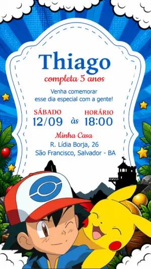 Convite de Aniversário Pokémon Editável com Ash e Pikachu