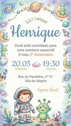 Convite Digital Aniversário Astronauta Fofo para Editar