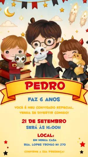 Convite de Aniversário Harry Potter Chibi Editável