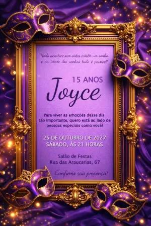Convite 15 Anos Baile de Máscaras Roxo e Dourado para Editar