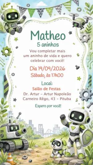 Convite de Aniversário Robôs: Modelo Digital Editável
