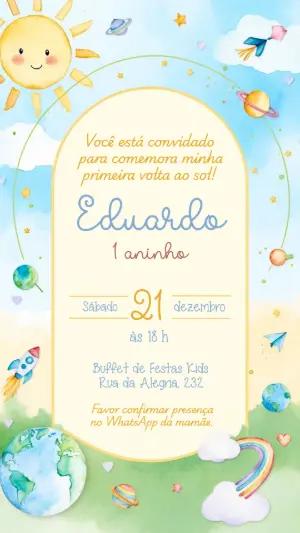 Convite Infantil 1 Ano Tema Espaço Aquarela Editável