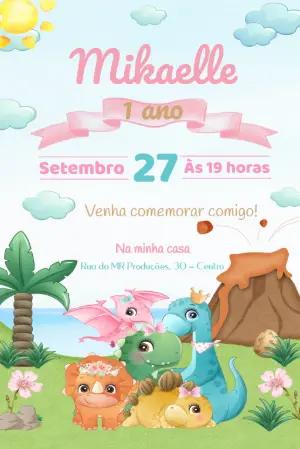 Convite de Aniversário Dinossauro Menina Fofo para Editar