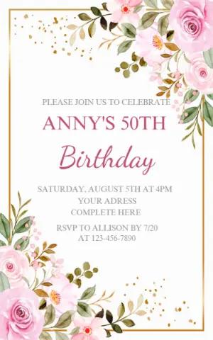 Elegant Pink Floral 50th Birthday Invitation | Editable Template