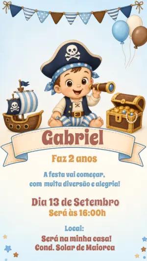 Convite de Aniversário Pirata Fofo | Modelo Digital Editável