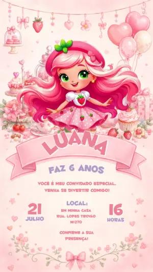 Convite de Aniversário Moranguinho Rosa Editável