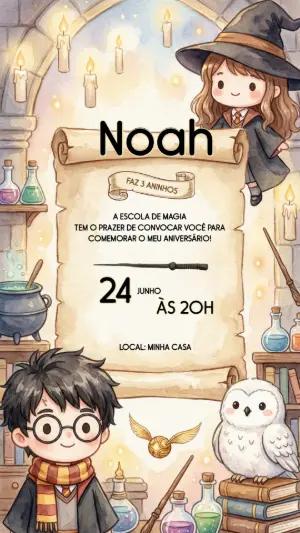 Convite de Aniversário Harry Potter Aquarela Editável