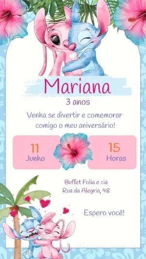 Convite de Aniversário Stitch e Angel Tropical para Editar