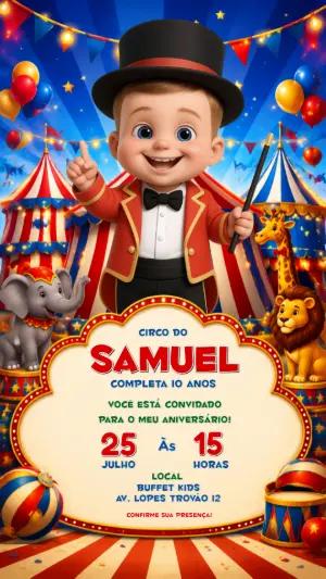 Convite Digital Aniversário Tema Circo Menino Editável