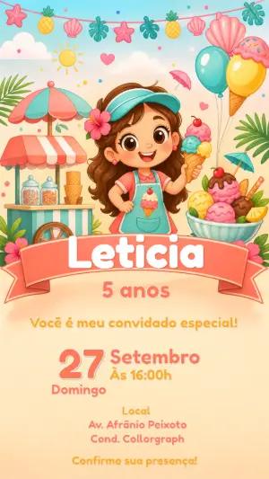 Convite de Aniversário Sorveteria Menina | Modelo Digital Editável