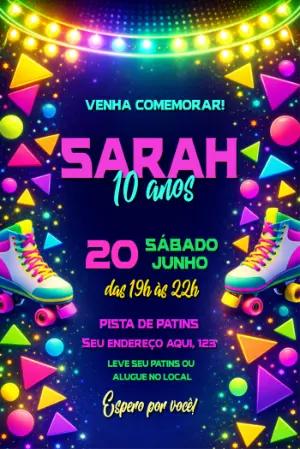 Convite de Aniversário Neon Patins Editável para Festa Balada