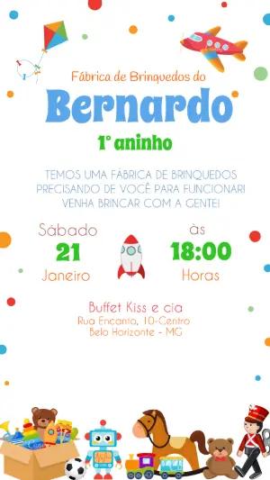 Convite de Aniversário Fábrica de Brinquedos Colorido Editável
