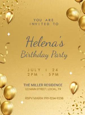 Elegant Gold Balloon Birthday Party Invitation Template to Edit