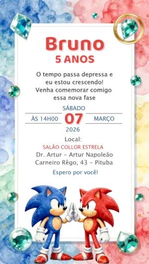 Convite de Aniversário Sonic Aquarela para Editar e Enviar