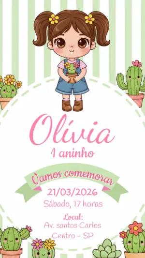 Convite Digital Aniversário Infantil Tema Cactos Editável