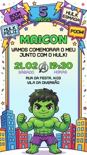 Convite de Aniversário Hulk Infantil Estilo Quadrinhos Editável
