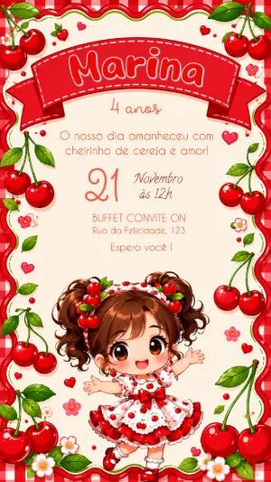 Convite Digital Aniversário Tema Cereja Editável