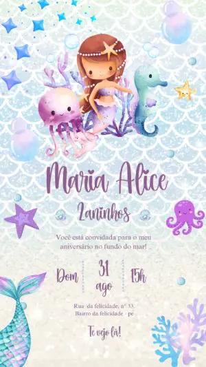 Convite Aniversário Sereia Fundo do Mar para Editar Online