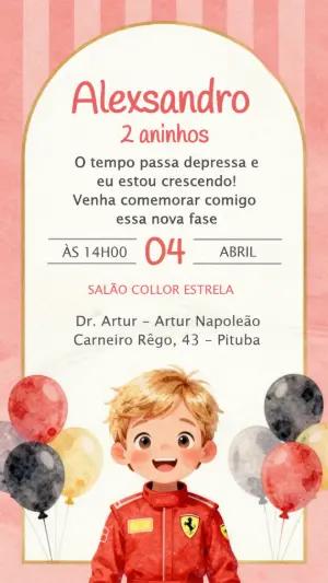 Convite de Aniversário Infantil Tema Piloto Ferrari
