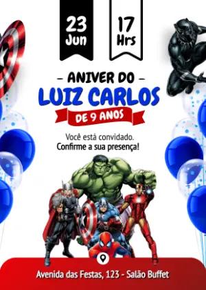 Convite de Aniversário Vingadores Super-Heróis Editável