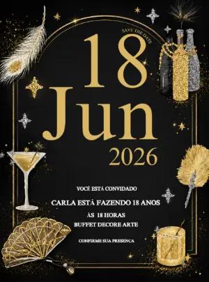 Convite de 18 Anos Gatsby Preto e Dourado para Editar