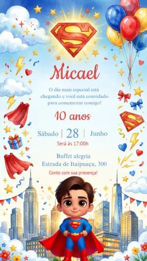 Convite de Aniversário Superman Aquarela para Editar