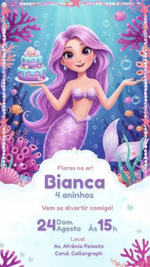 Convite Digital Sereia Mágica Aniversário Infantil Editável