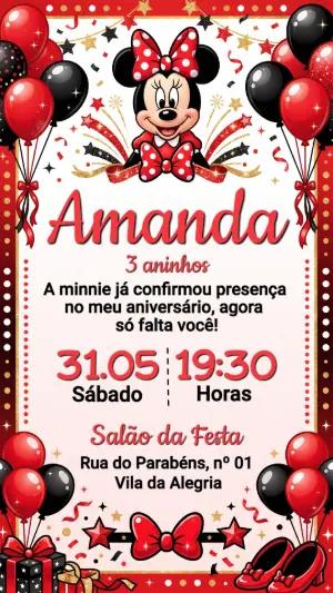 Convite de Aniversário Minnie Vermelha Clássica Editável