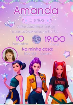 Convite de Aniversário Guerreiras K-Pop com Foto para Editar