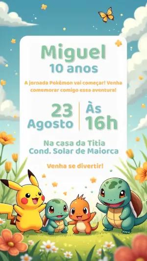 Convite Aniversário Pokémon com Personagens para Editar Online