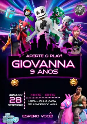 Convite de Aniversário Fortnite com Personagens para Editar