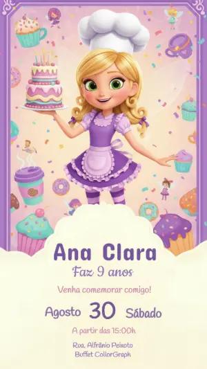 Convite de Aniversário Fada Confeiteira Roxo para Editar