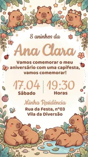 Convite Editável de Aniversário Infantil Tema Capivara Fofo