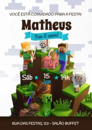 Convite de Aniversário Minecraft com Personagens para Editar
