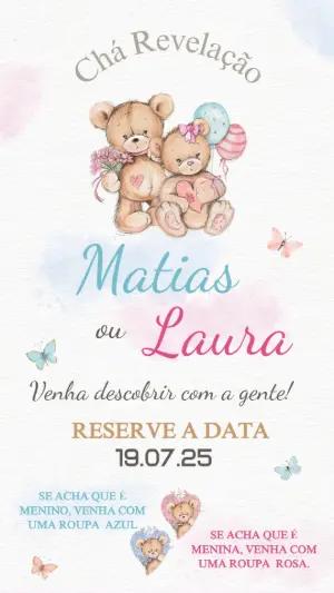 Convite Chá Revelação Ursinhos Azul e Rosa para Editar Online