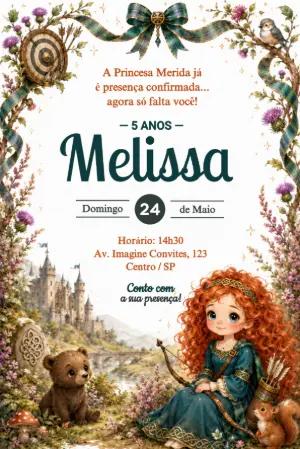 Convite de Aniversário Princesa Valente Aquarela Editável