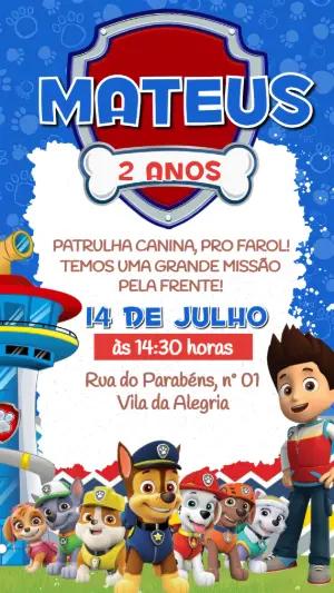 Convite de Aniversário Patrulha Canina Infantil para Editar
