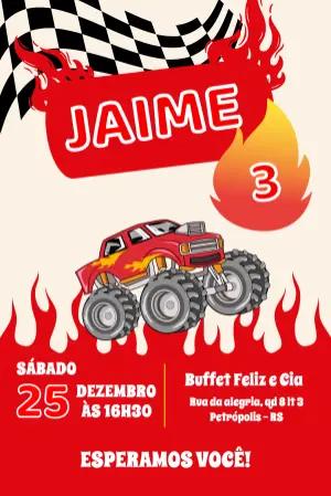 Convite de Aniversário Monster Truck com Chamas para Editar
