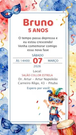 Convite de Aniversário Infantil Carnaval Aquarela para Editar