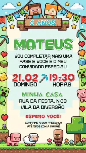 Convite de Aniversário Minecraft Pixelado para Editar