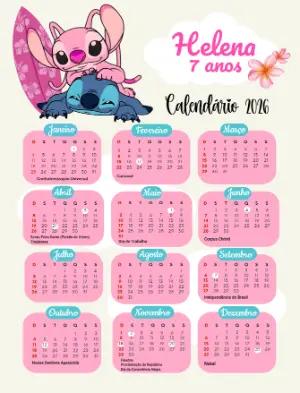 Calendário 2026 Editável Tema Lilo & Stitch para Aniversário