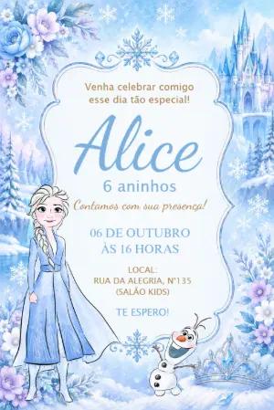 Convite de Aniversário Infantil Frozen Editável