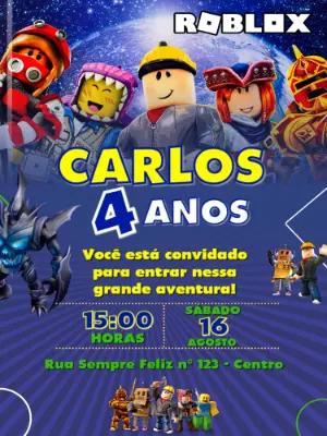 Convite de Aniversário Roblox com Personagens para Editar Online