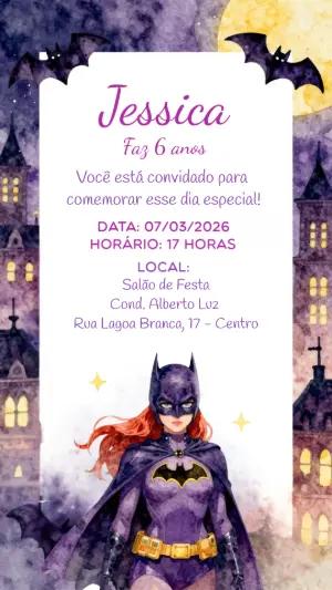 Convite de Aniversário Batgirl Roxo em Aquarela para Editar