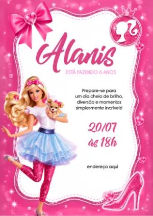 Convite de Aniversário Barbie Rosa com Brilho para Editar