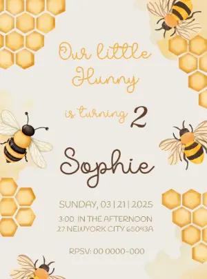 Cute Bee Birthday Invitation | Watercolor Hunny Editable Template