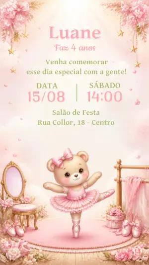 Convite Aniversário Ursinha Bailarina Modelo Editável
