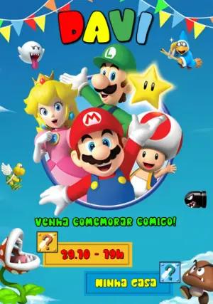 Convite de Aniversário Super Mario com a Turma Reunida para Editar